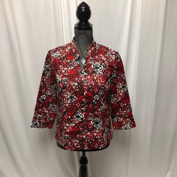 Christopher and Banks Jacket Womens Size Medium Floral Stretch Red Black Snaps - Picture 1 of 8